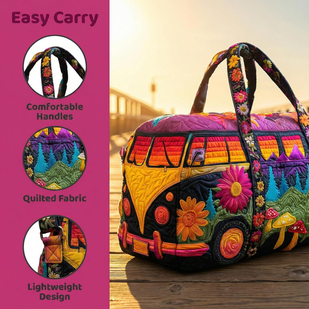 Hippie Journey Quilted Duffel Bag Vintage Floral Hippie Van Travel Duffle Bag Boho Travel Weekender Bags Overnight