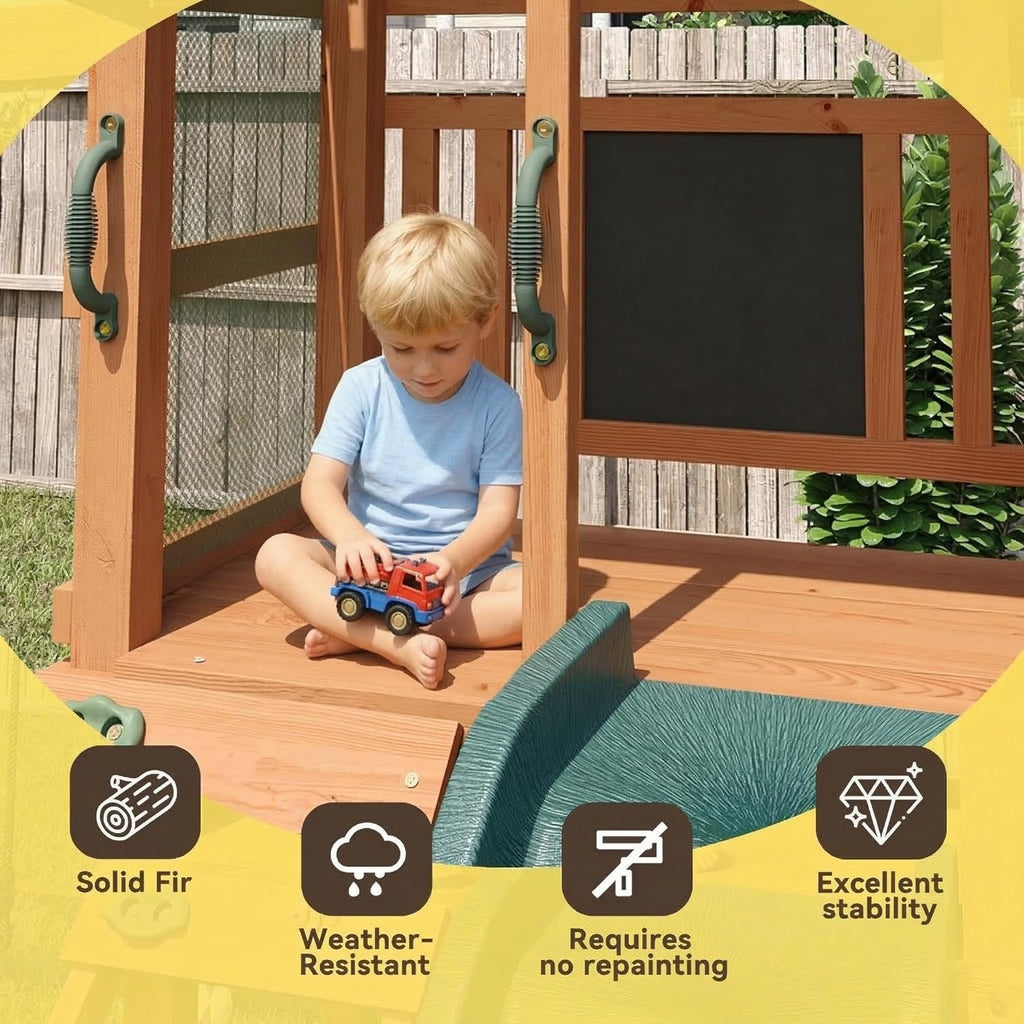 Wood Swing Sets for Backyard - Playground Sets for Backyards, Outdoor Playset with Wave Slide, Play Deck, Rock Wall
