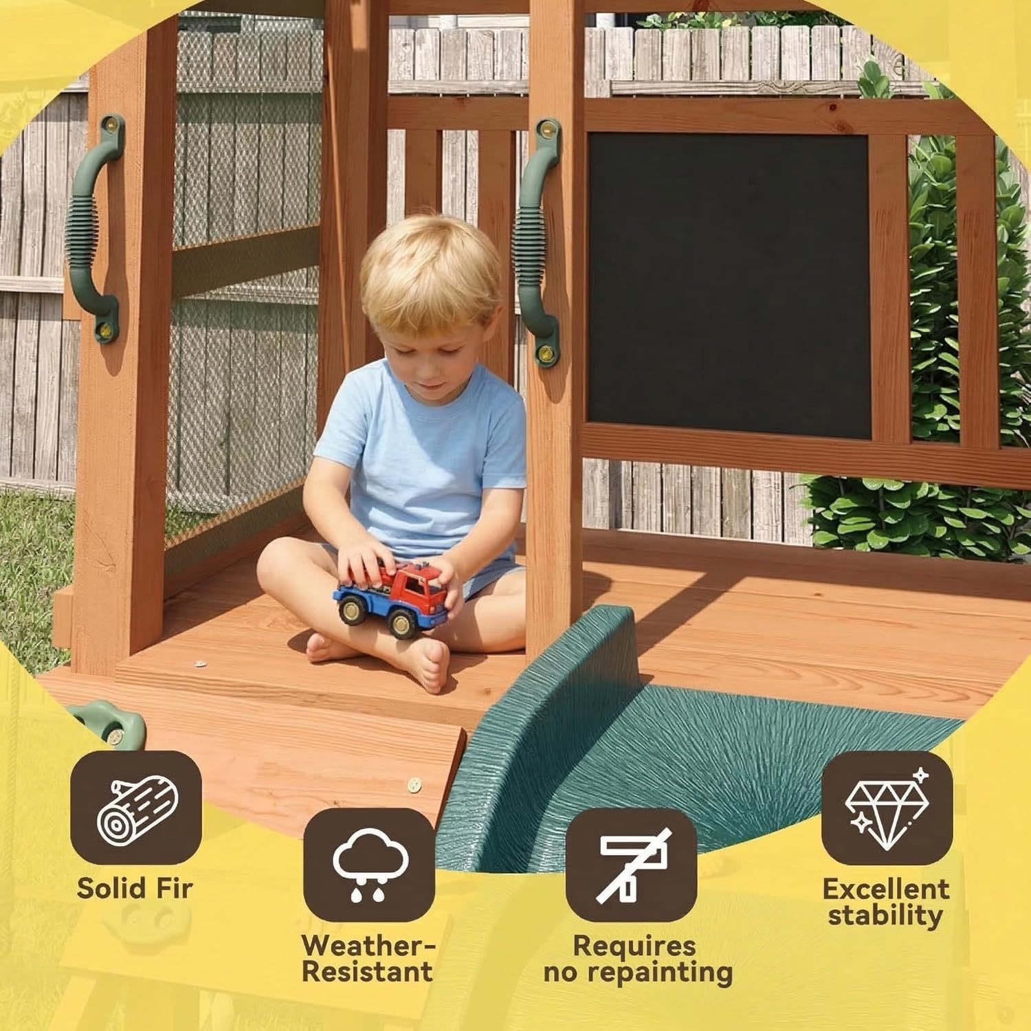 Wood Swing Sets for Backyard - Playground Sets for Backyards, Outdoor Playset with Wave Slide, Play Deck, Rock Wall