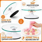 12" Glass Cake Turntable with 6 Icing Piping Tips, 1 Piping Bag