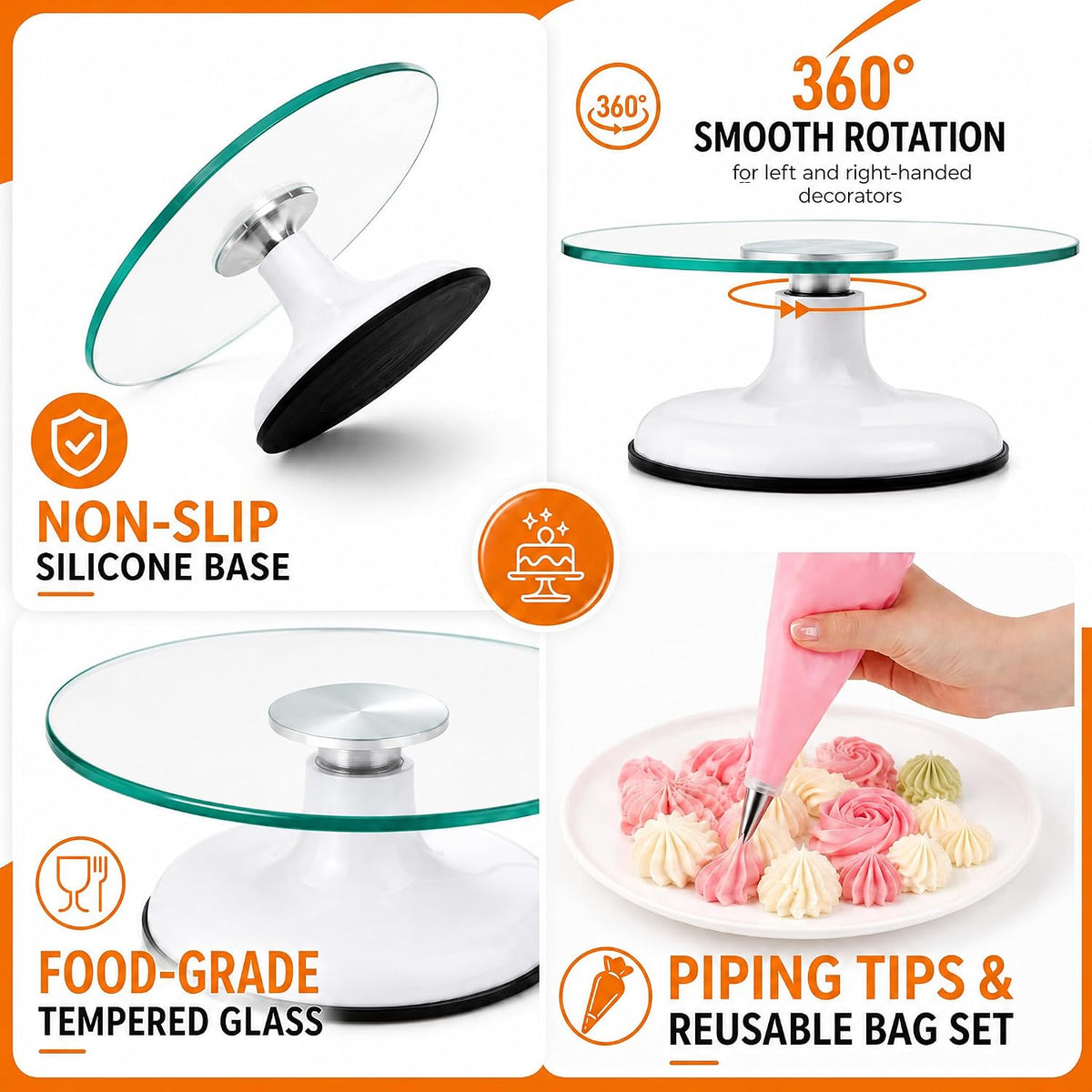12" Glass Cake Turntable with 6 Icing Piping Tips, 1 Piping Bag