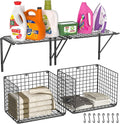 2 Pack Laundry Room Shelves, Wire Baskets with 8 Hooks, Over Washer and Dryer Shelf, Wall Mounted Storage and Clothes
