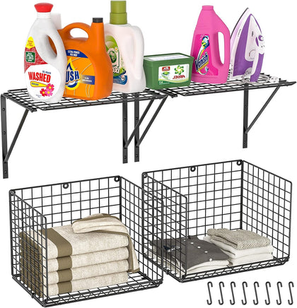 2 Pack Laundry Room Shelves, Wire Baskets with 8 Hooks, Over Washer and Dryer Shelf, Wall Mounted Storage and Clothes
