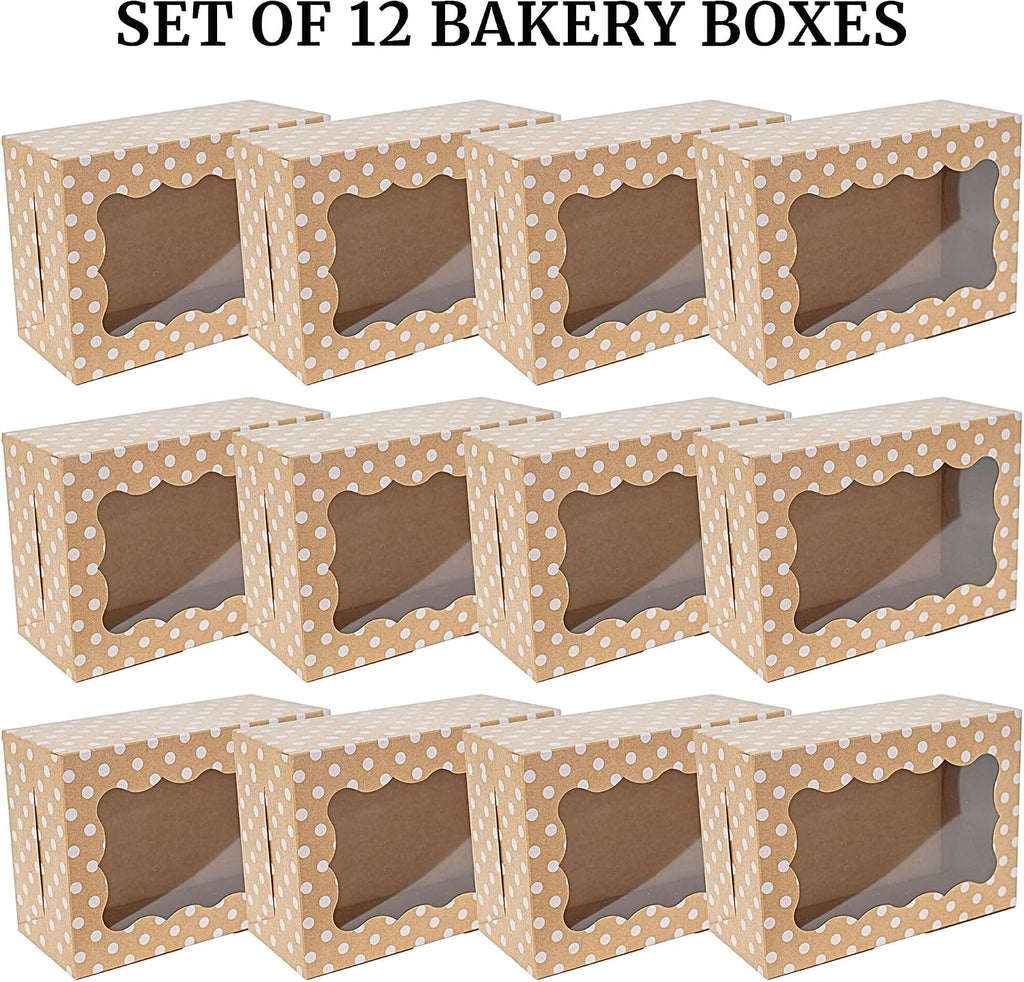 Polka Dot Cookie Boxes - 12 Pack - Brown Bakery Gift Box with Window