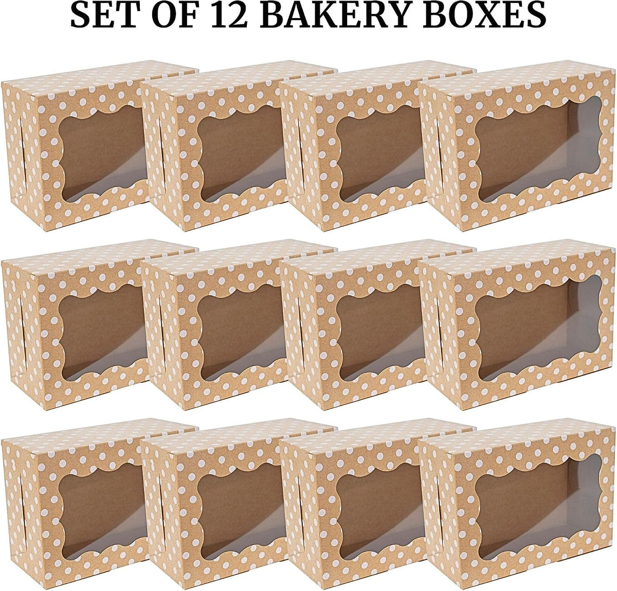 Polka Dot Cookie Boxes - 12 Pack - Brown Bakery Gift Box with Window