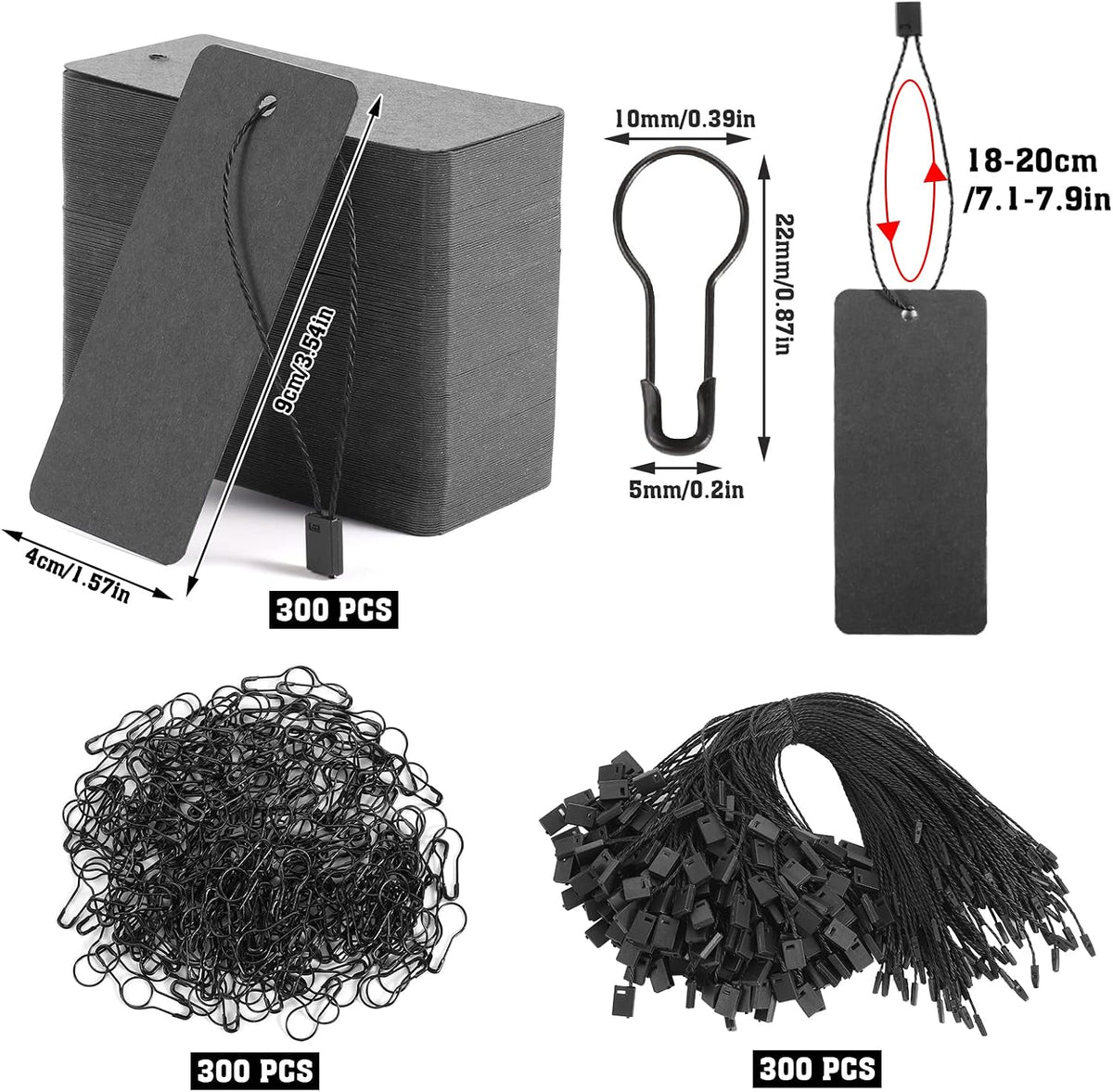 300 Set Black Price Tags with String Clothing Tags with Safety Pins