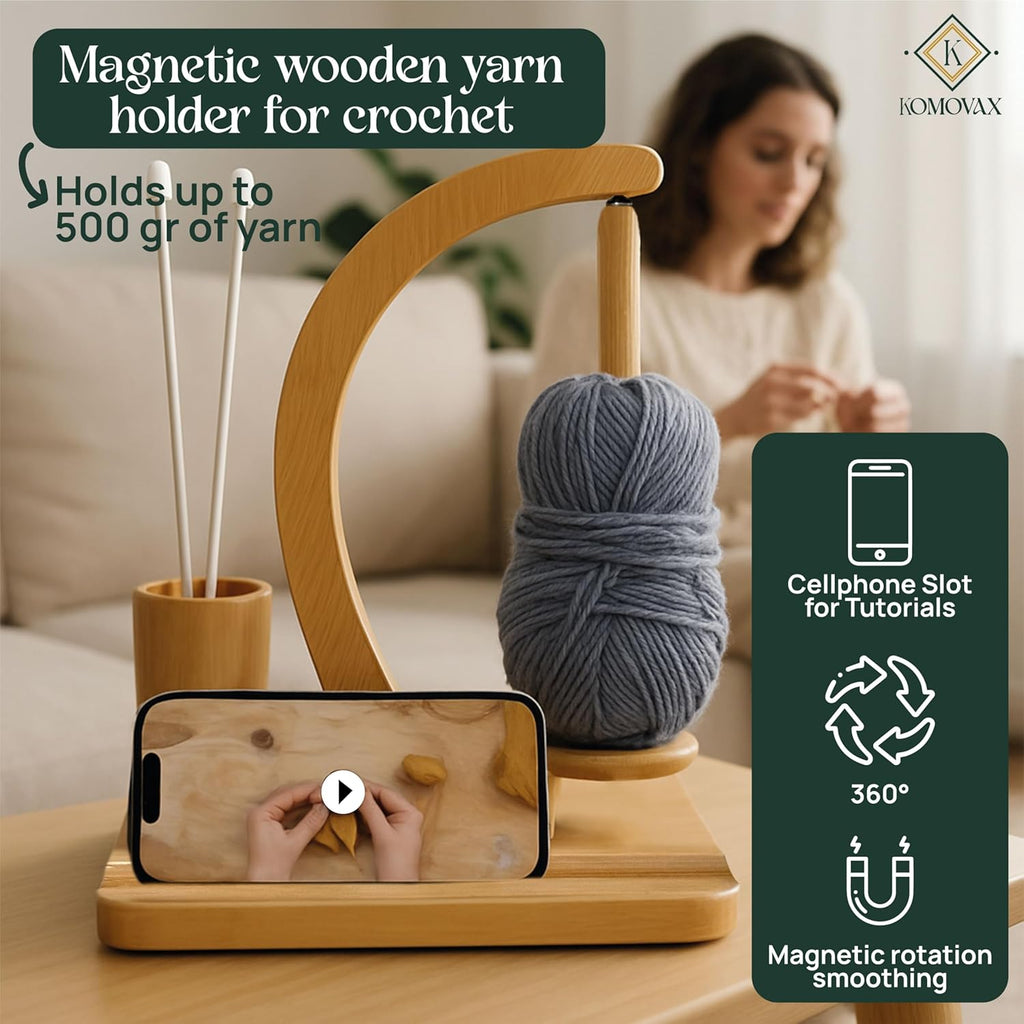 Wooden Yarn Holder with Sewing Kit & Crochet Ring – Portable Yarn Spinner for Crocheting, Knitting & Yarn
