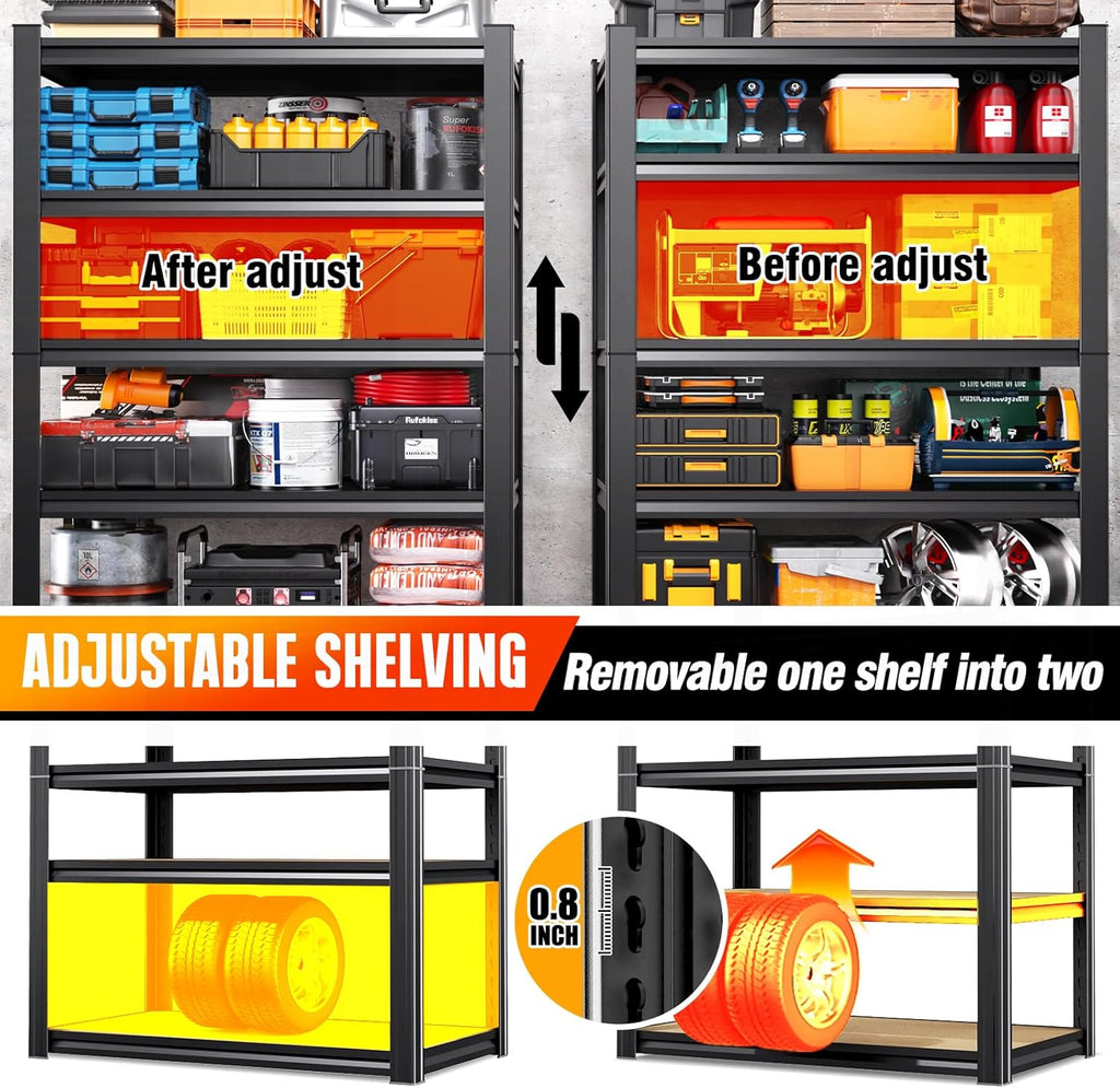 71.2"H Storage Shelves, 5 Tier Adjustable Wood Garage Shelving, Utility Tall Metal Shelving Unit, Easy to install