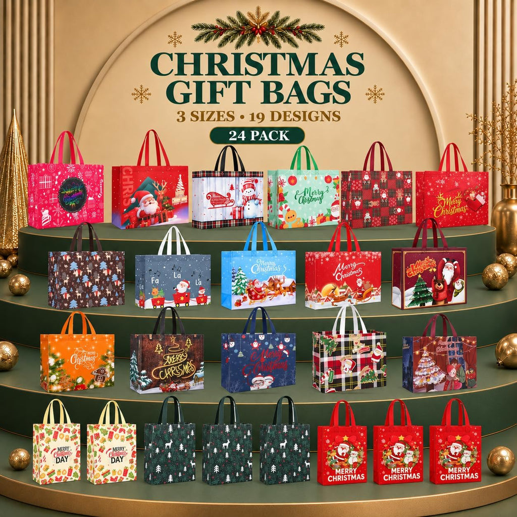 24 Pack Christmas Gift Bags Assorted Sizes Bulk with Handles
