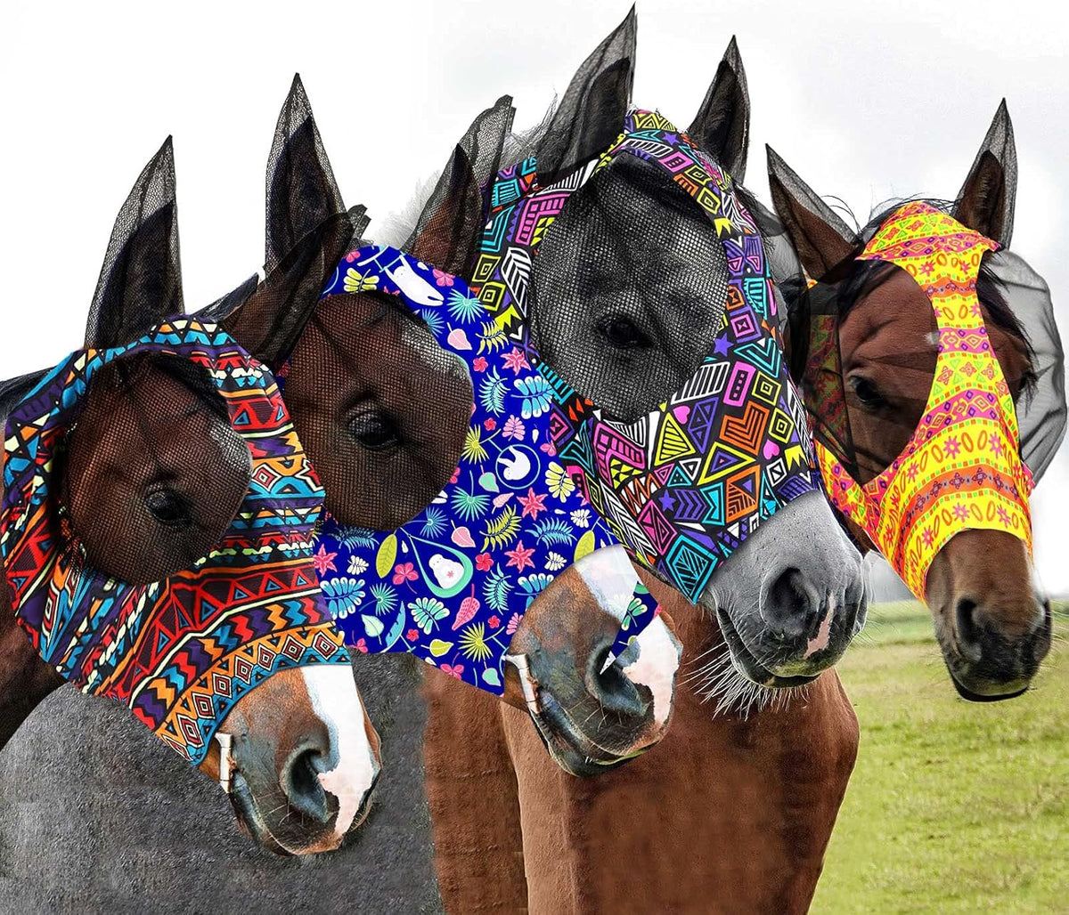 4 Pcs Horse Fly Mask with Ears Mesh Comfort, Geometric, Large