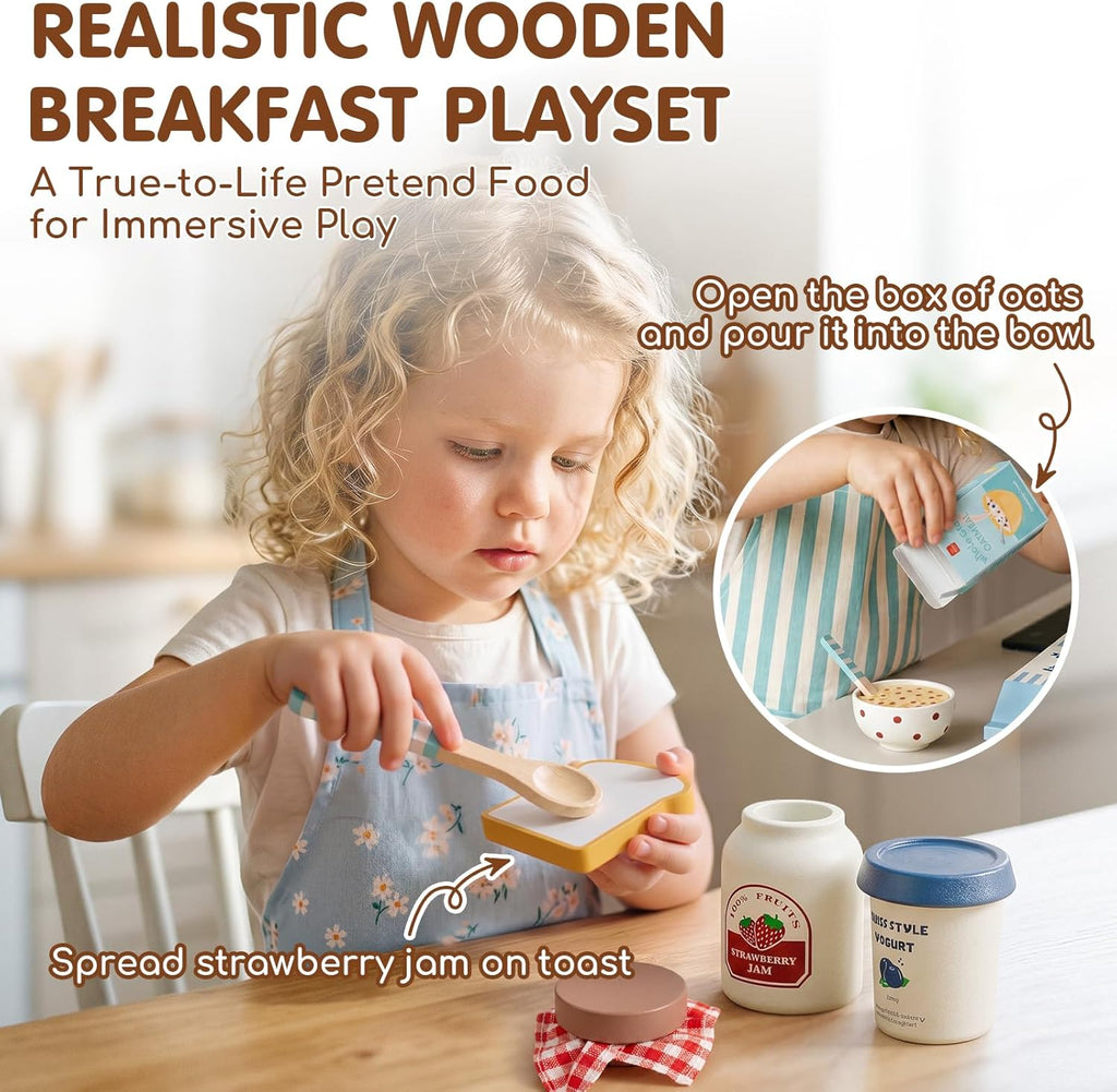 Wooden Play Food Set - Montessori Cutting Fruit Egg Bread, Pretend Breakfast Food Toys for Kids Kitchen, Educational