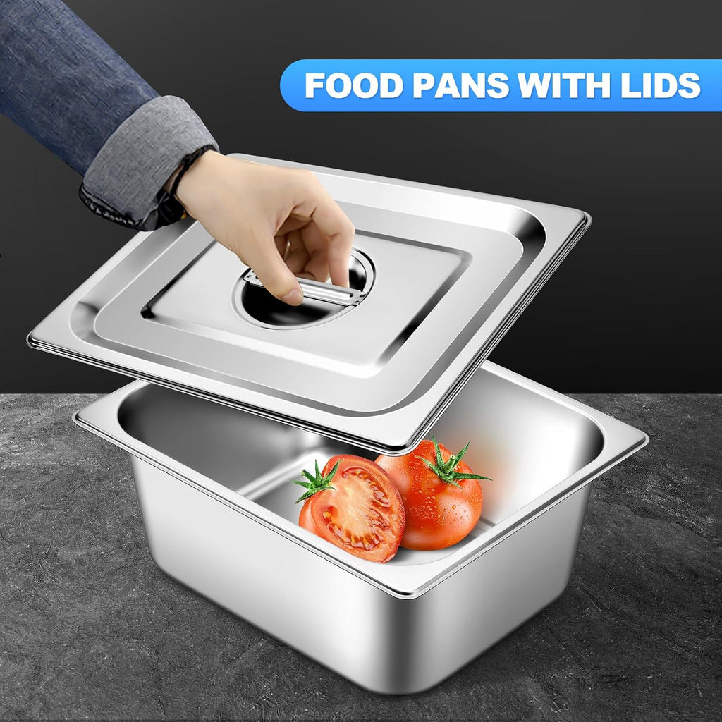 Stainless Steel Hotel Pans With Lids (6 Pack, Full Size 1/1 x 2-1/2" Deep)