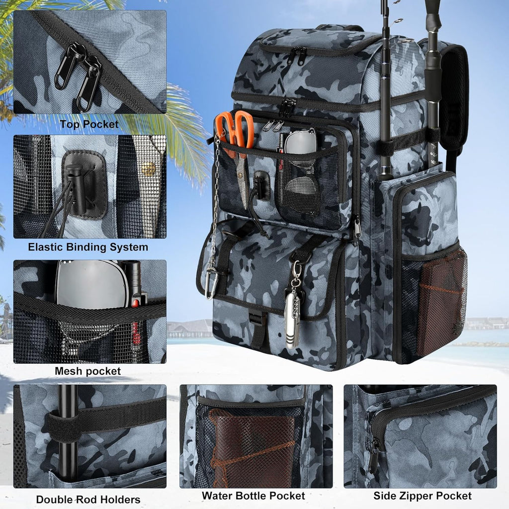 Fishing Tackle Backpack with Rod Holder, Large Tactical Backpack, Fishing Gear Tackle Box Tactical Backpack, Water
