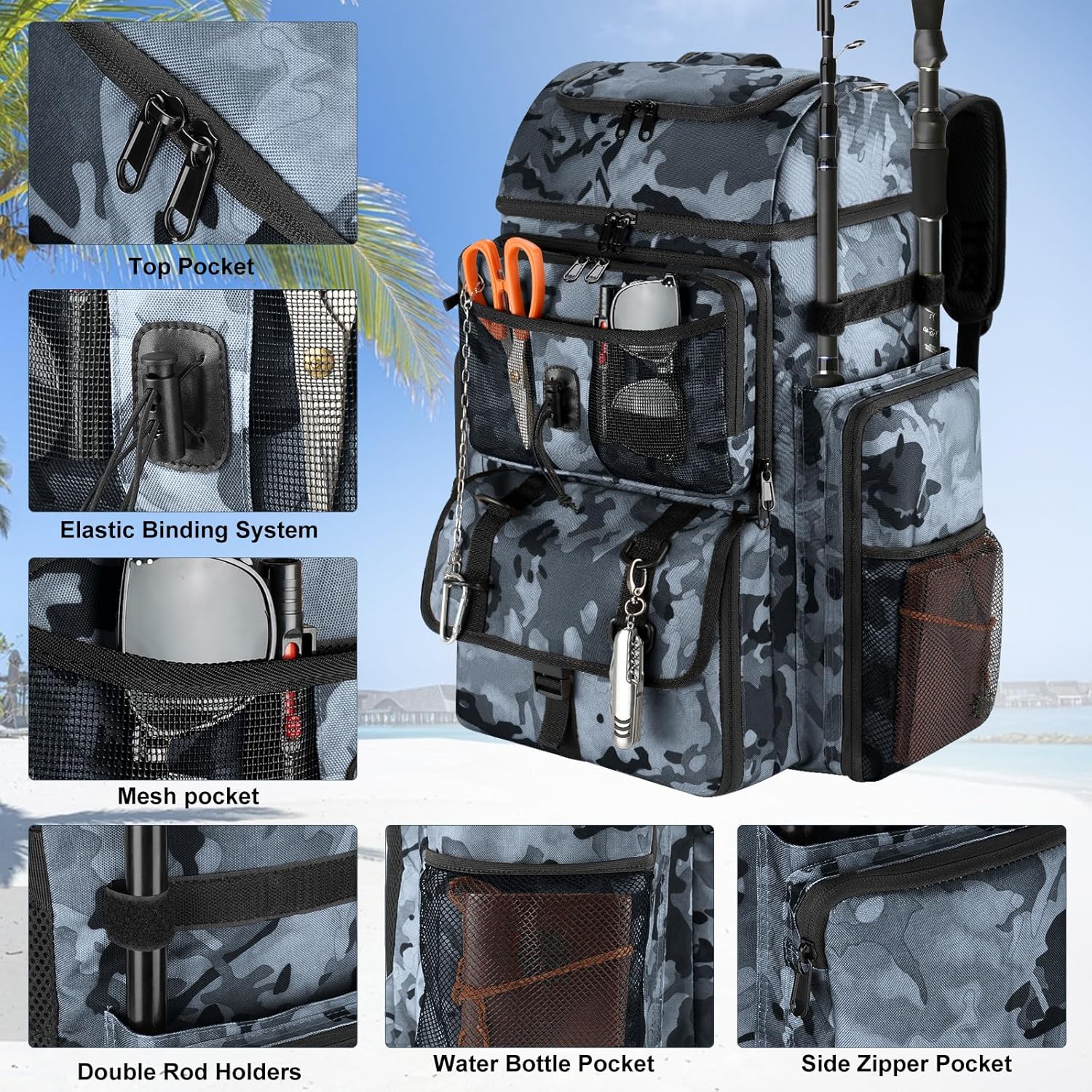 Fishing Tackle Backpack with Rod Holder, Large Tactical Backpack, Fishing Gear Tackle Box Tactical Backpack, Water