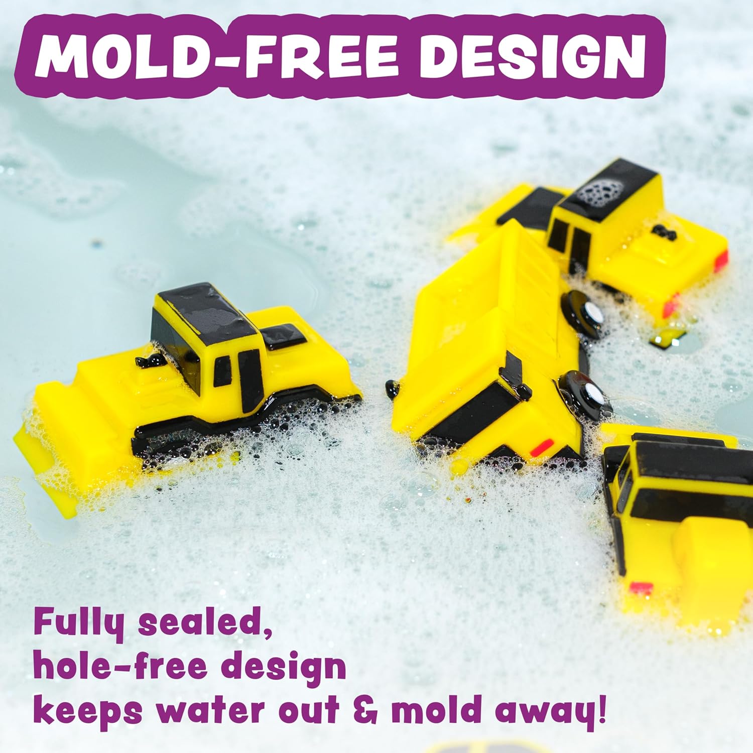 Construction Trucks Mold Free Bath Toys, 6 Pack | Sealed, No Hole Bath Toys Design Keeps Moisture Out | Soft