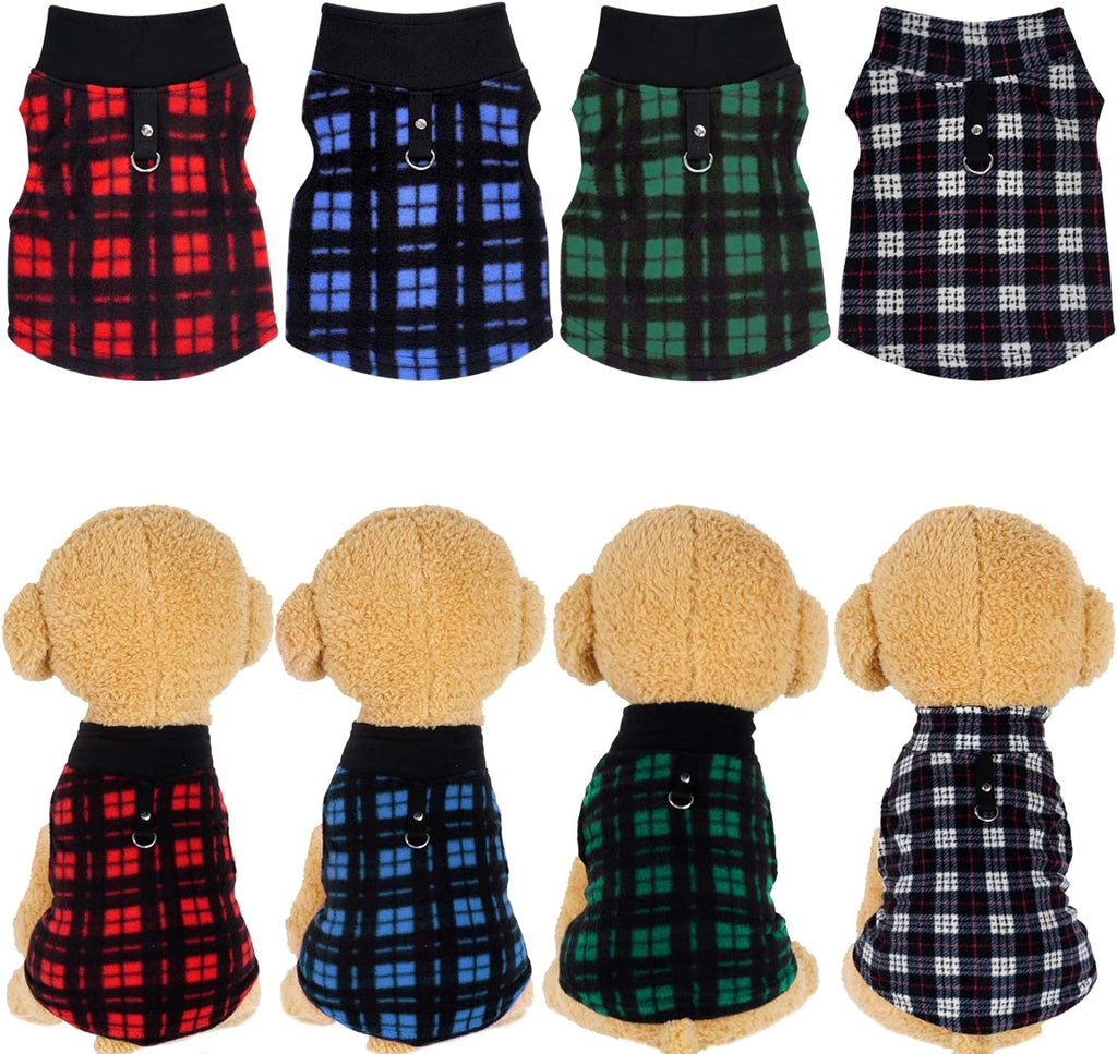 4 Pieces Buffalo Plaid Dog Sweaters with Leash Ring Soft Fleece Vest Dog Pullover Warm Jacket Pet Dog Clothes Winter