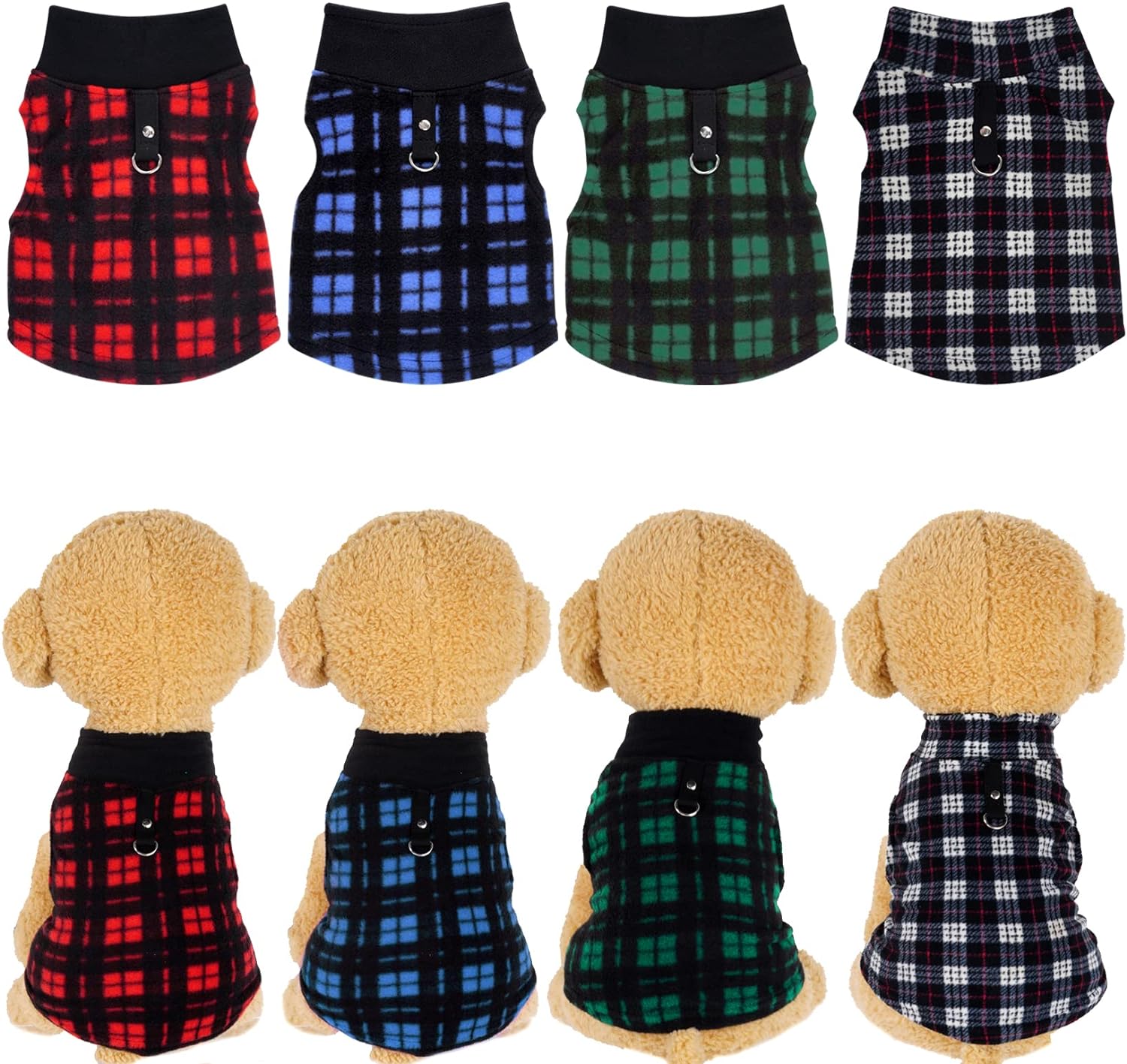 4 Pieces Buffalo Plaid Dog Sweaters with Leash Ring Soft Fleece Vest Dog Pullover Warm Jacket Pet Dog Clothes Winter