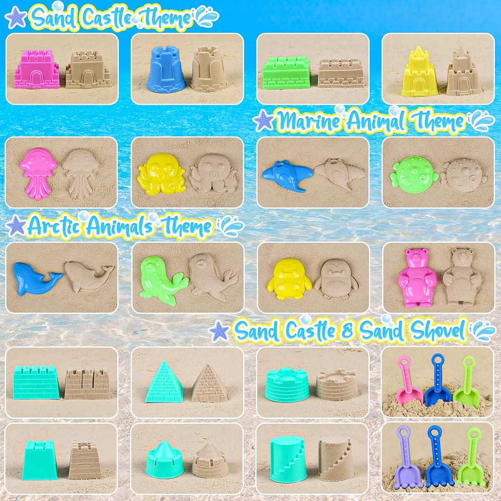Beach Toys with 3 Castle Buckets, Sand Molds for Kids Ages 3-12 | Sand Castle Molds, Mesh Bags, Shovel for Sandcastle