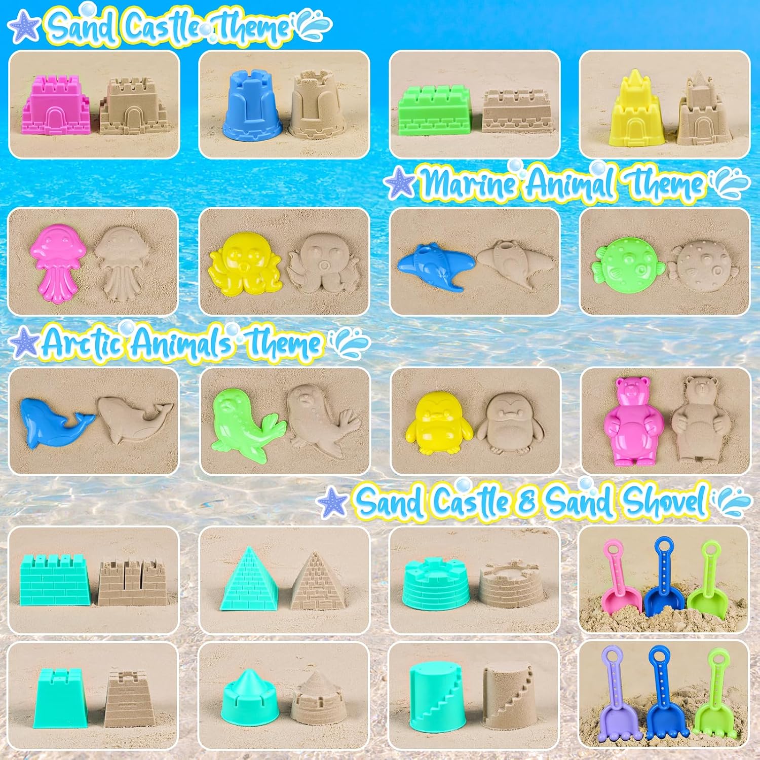 Beach Toys with 3 Castle Buckets, Sand Molds for Kids Ages 3-12 | Sand Castle Molds, Mesh Bags, Shovel for Sandcastle