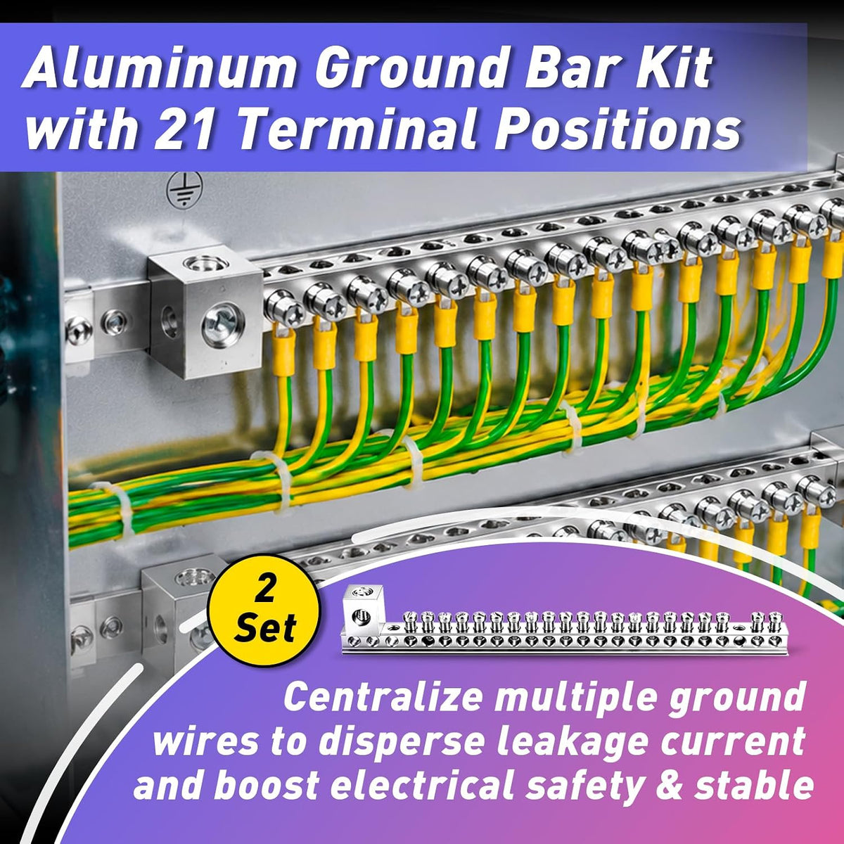 2 Set Aluminum Ground Bar Kit with 21 Terminal Positions