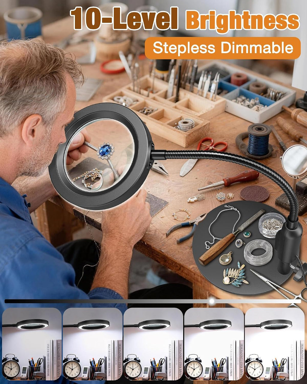 30X 10X Magnifying Glass with Light and Stand, 5 Color Modes Stepless Dimmable, Optical Grade HD Lens, LED Lighted