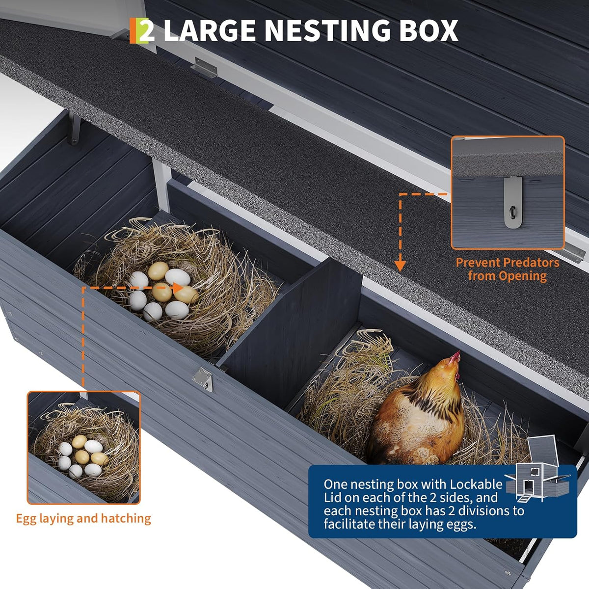 Wooden Chicken Coop with 2 Nesting Boxes & Lockable Doors, Outdoor Chicken House with Weatherproof Roof, Poultry Cage