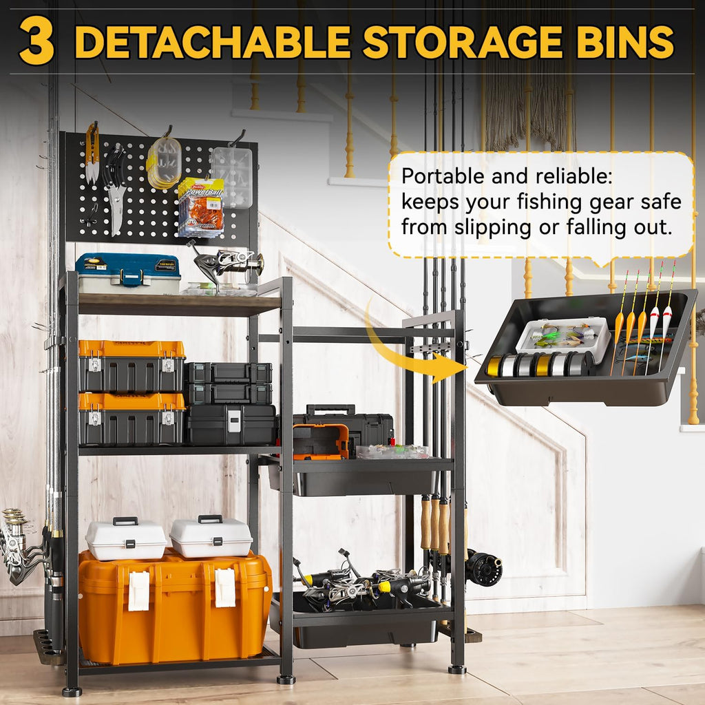 Fishing Rod Holders for Garage, 3 Storage Boxes for Reels & Fishing Accessories, 10 Rod Capacity Fishing Pole Holder