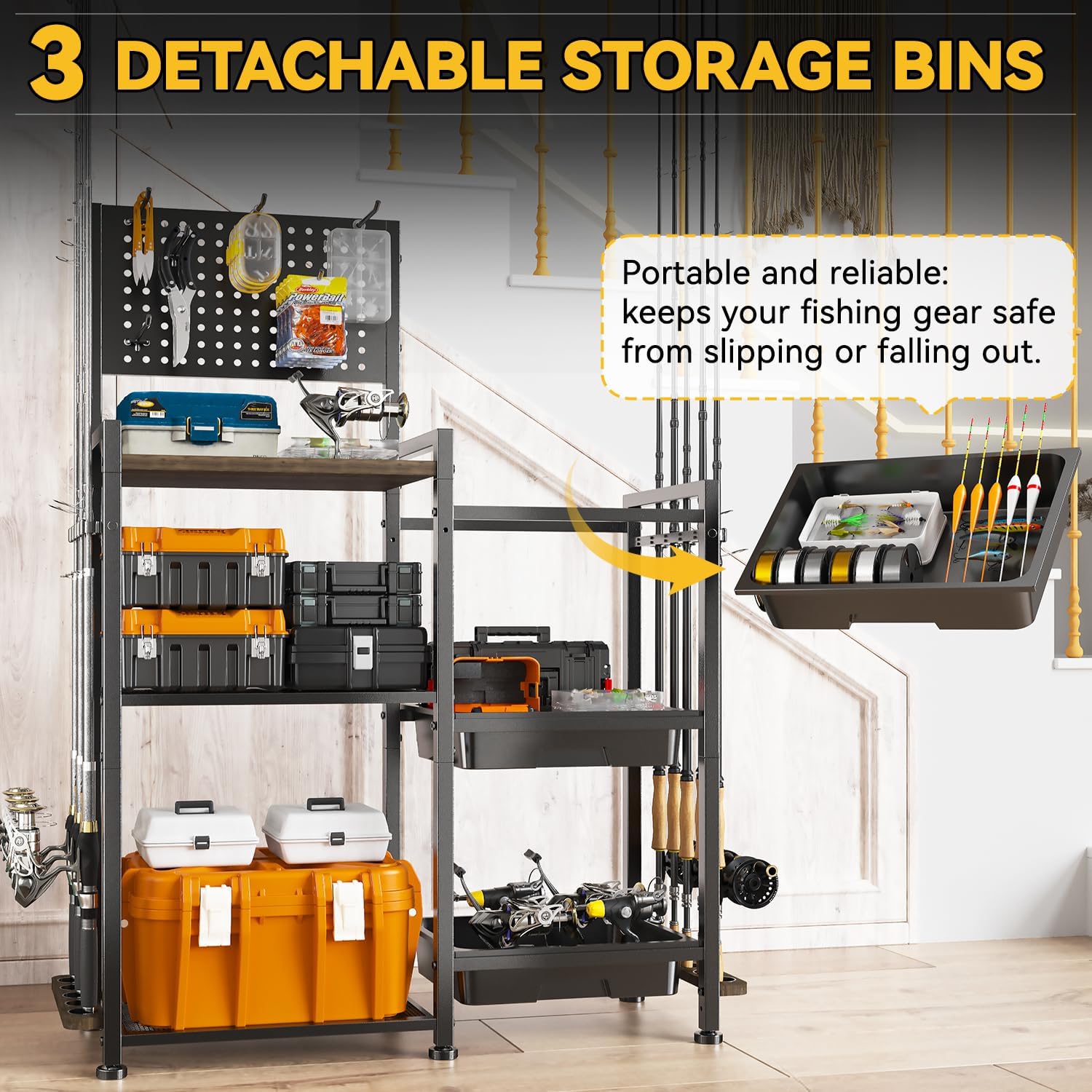 Fishing Rod Holders for Garage, 3 Storage Boxes for Reels & Fishing Accessories, 10 Rod Capacity Fishing Pole Holder