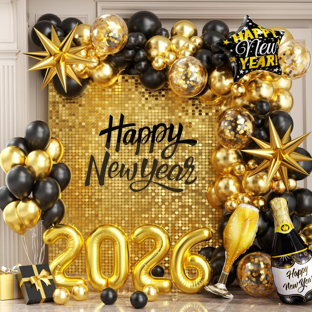New Years Decorations 2026, New Year Balloon Arch with Black Gold Confetti 2026 Balloons for Eve Party Supplies Nye