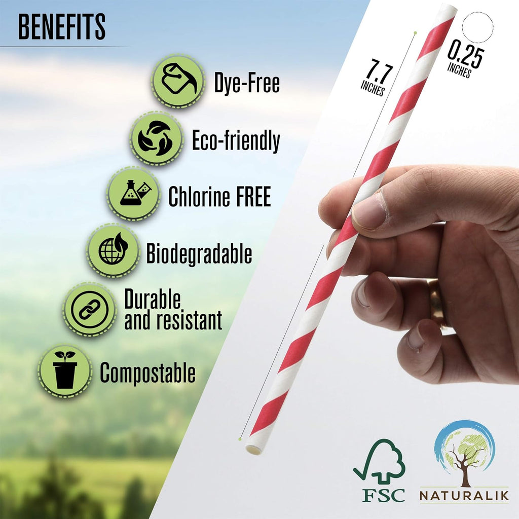 300 Pack Extra Durable Red Paper Straws Biodegradable- Heavy Duty Eco-Friendly Paper Straws Bulk- Drinking Straws for