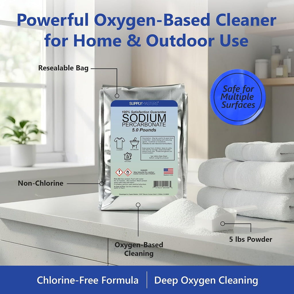 Sodium Percarbonate Powder 5 lbs – Non-Chlorine Oxygen Bleach Alternative & Stain Remover – Multi-Purpose Cleaner for