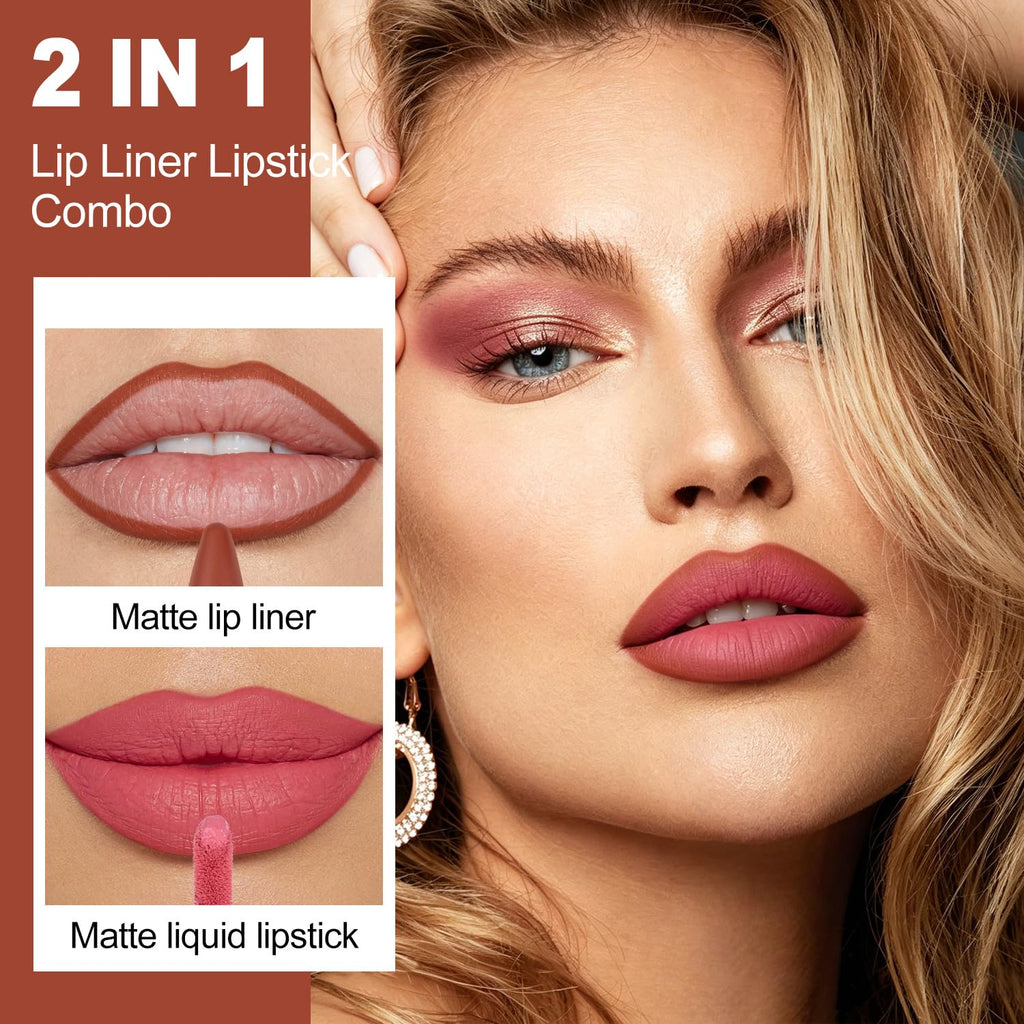 Brown Lip Liner Pink Matte Liquid Lipstick Combo for Women