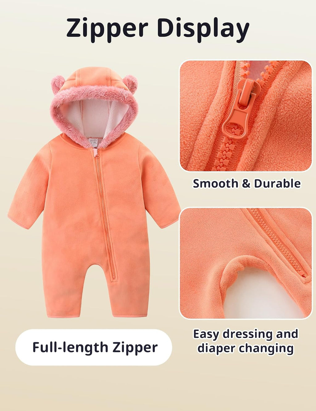 Baby Fleece Bodysuit Infant Boy Girl One Piece Bear Hooded Outerwear Snowsuit For Winter