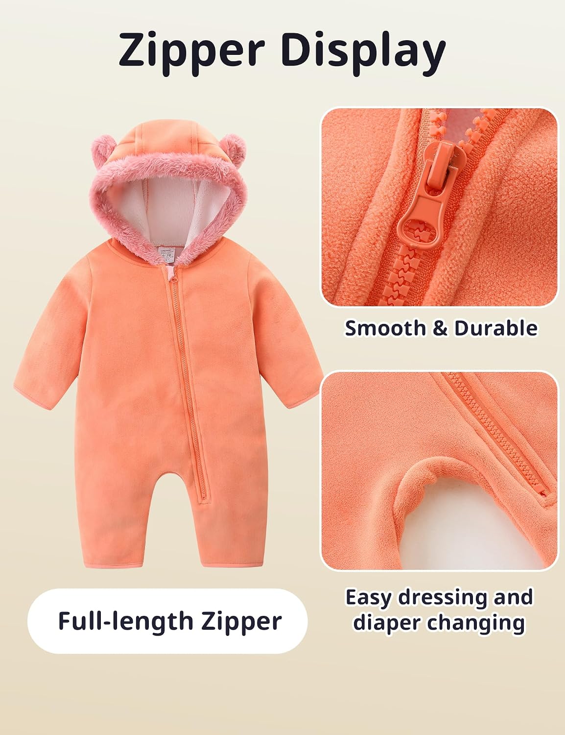 Baby Fleece Bodysuit Infant Boy Girl One Piece Bear Hooded Outerwear Snowsuit For Winter