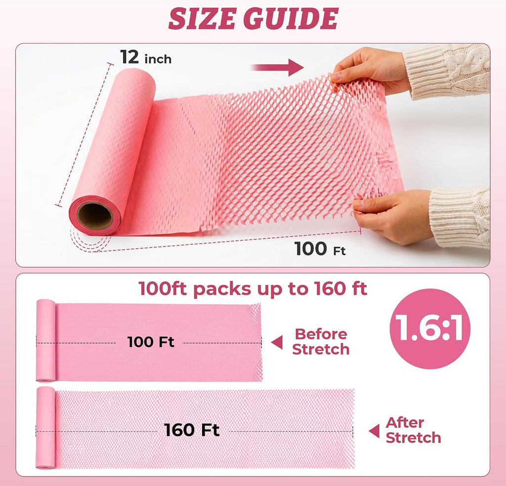 Honeycomb Packing Paper Eco-Friendly: 12" x 100' for Moving Packing | Pink Paper Wrap, Expands to 160', Bubble Wrap