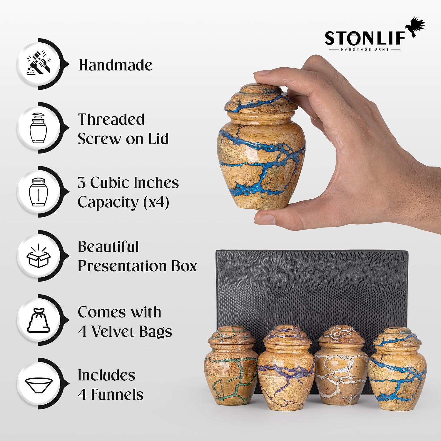Blue Resin Wood Cremation Urns Multi-Pack - 3 Cubic Inch Thunderstorm Keepsake Set of 4 - Small Epoxy Memorial