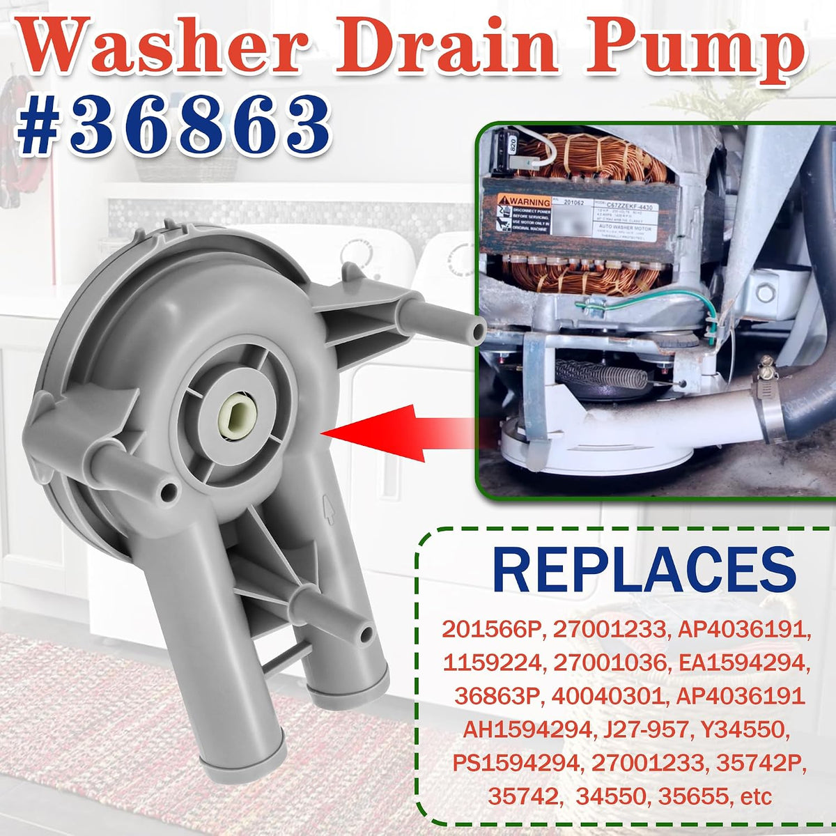 36863 201566P 27001036 Washer Drain Pump Fit for Ama-na Whirl-pool May-tag Top Loader Washing Machine, Washer Direct Drive Water Pump, Replaces 27001233 200937 AP3873830 200937P 34550