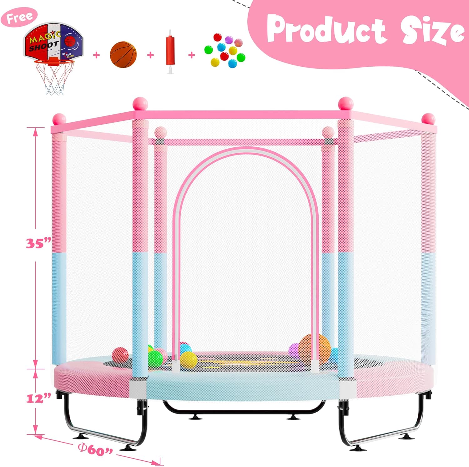 60" Trampoline for Kids, 5 FT Indoor & Outdoor Toddler Baby Trampoline with Basketball Hoop, Safety Enclosure