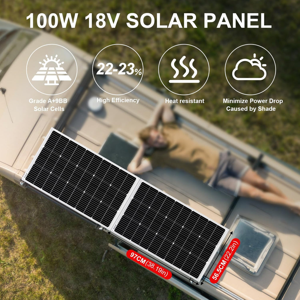 200W Solar Panel Kit, 2-Pack of 100W, Brackets and 5 m Cable | Includes two 100W panels, mounting brackets, battery