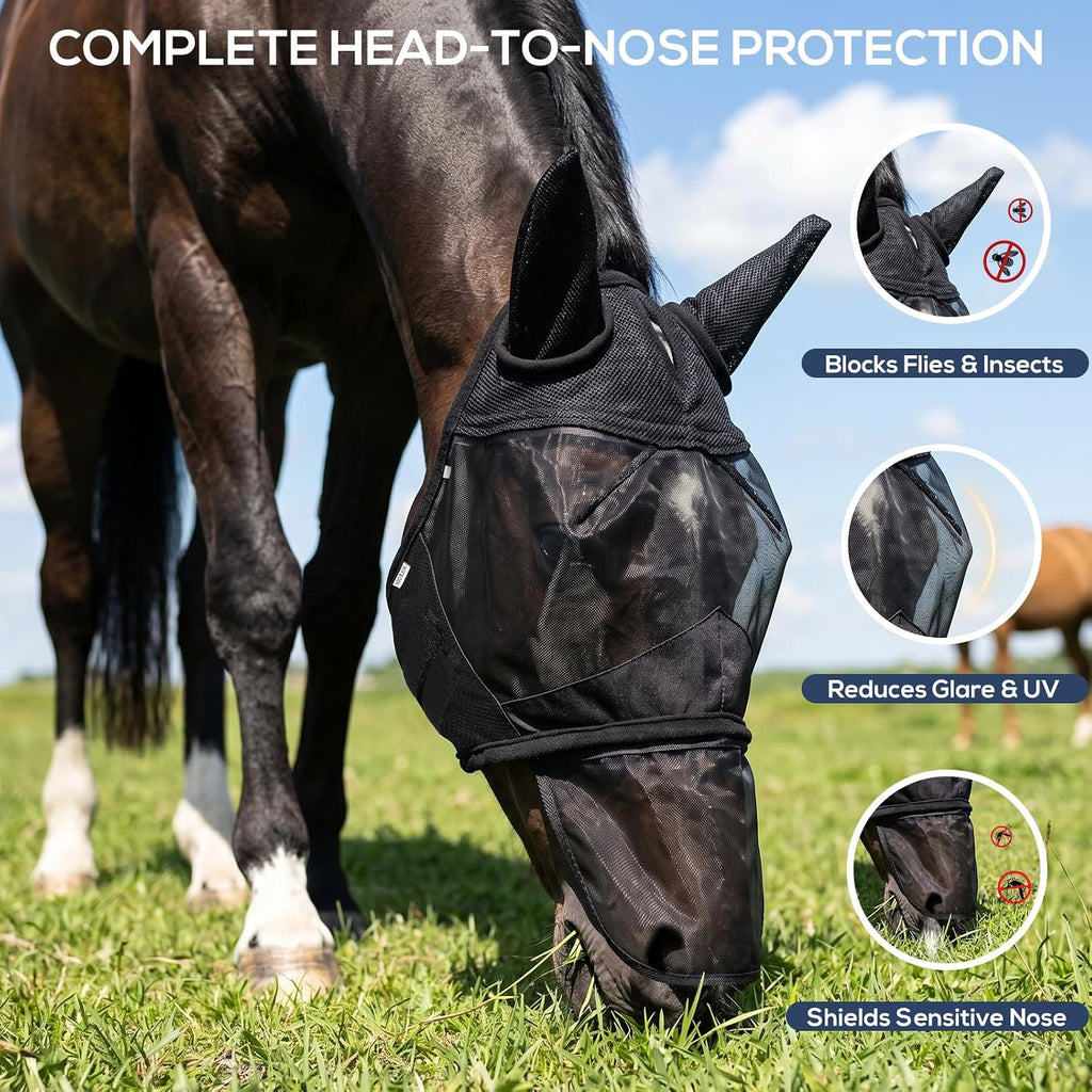 Horse Fly Mask with Ears & Detachable Nose Cover, Large