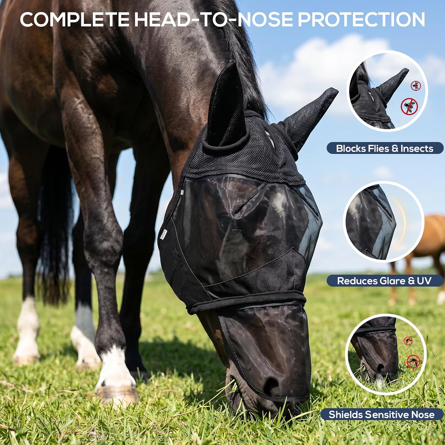 Horse Fly Mask with Ears & Detachable Nose Cover, Large