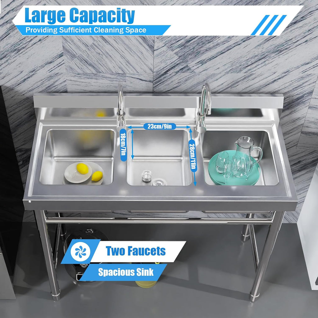 3 Compartment Commercial Sink, 304 Stainless Steel Utility Sink with Faucet