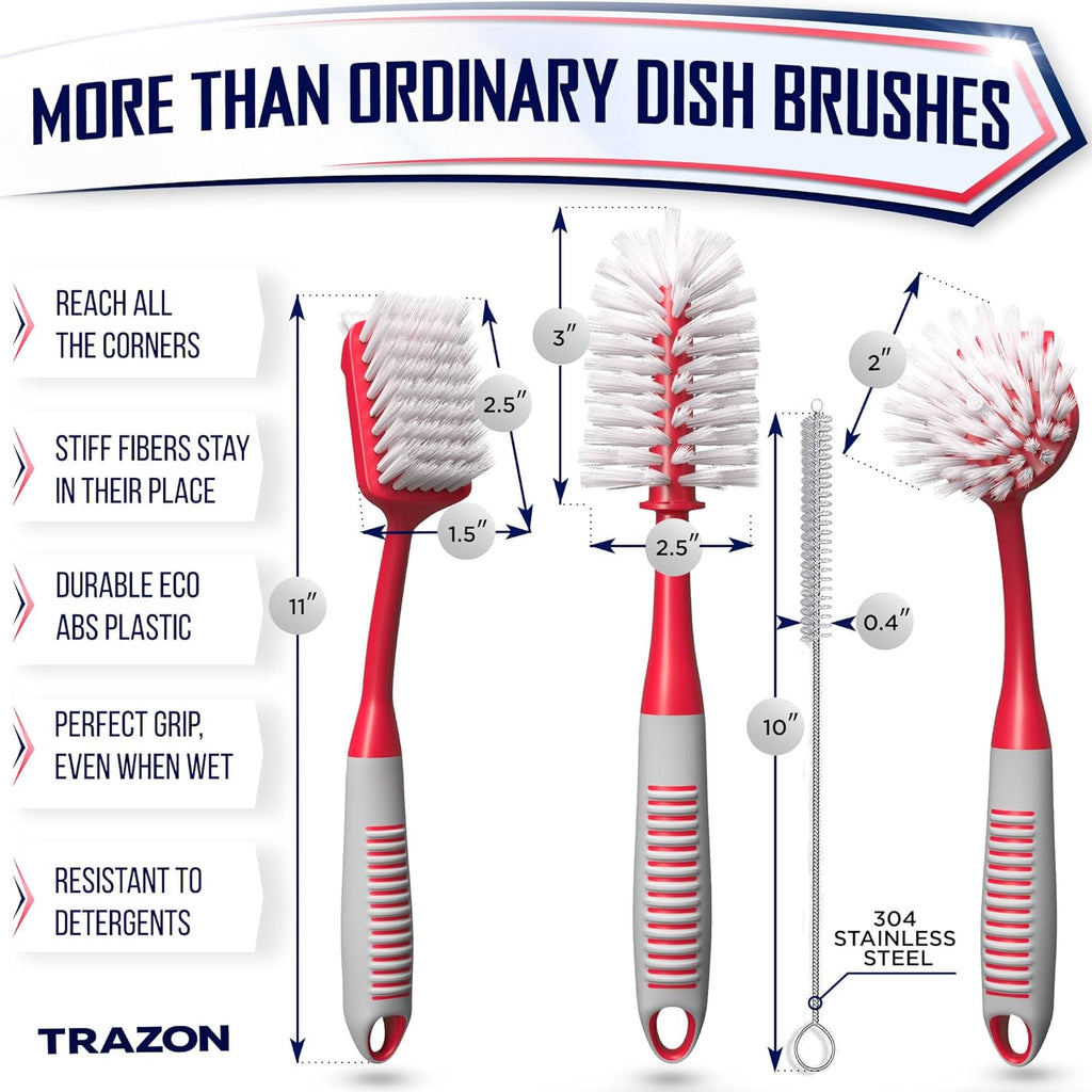 Dish Brush Set of 4 - Kitchen Scrub Brushes with Non-Slip Long Handle for Cleaning, Scrubber, Dishwashing, Dishes