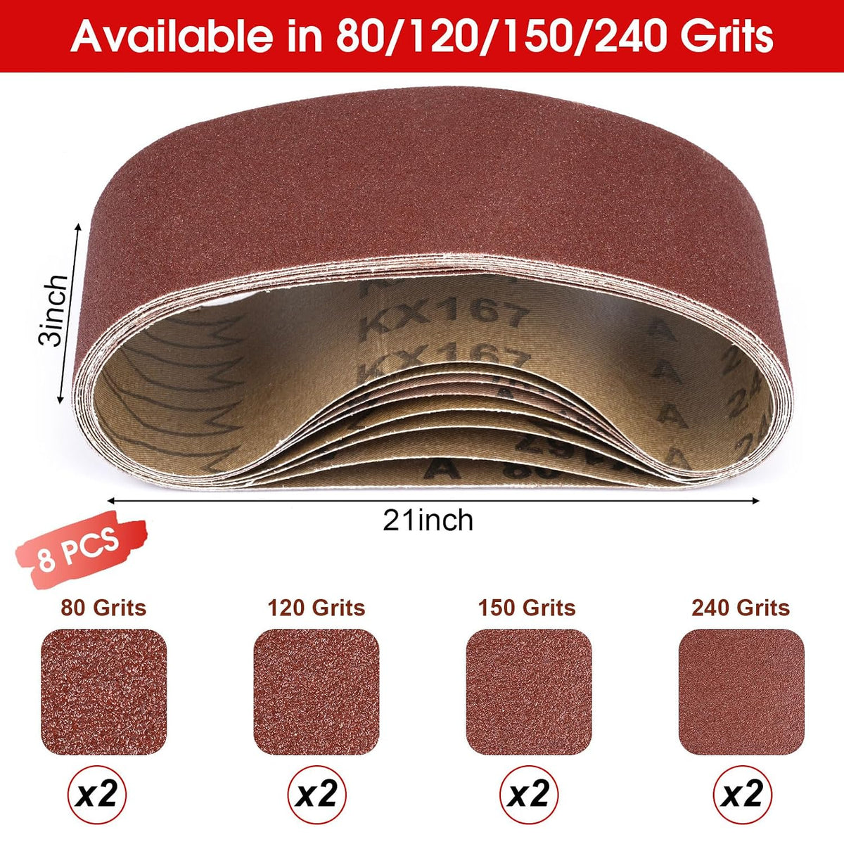 8 Pcs Belt Sander Paper, 3x21 Belt Sander Sanding Belts Sanding Belt