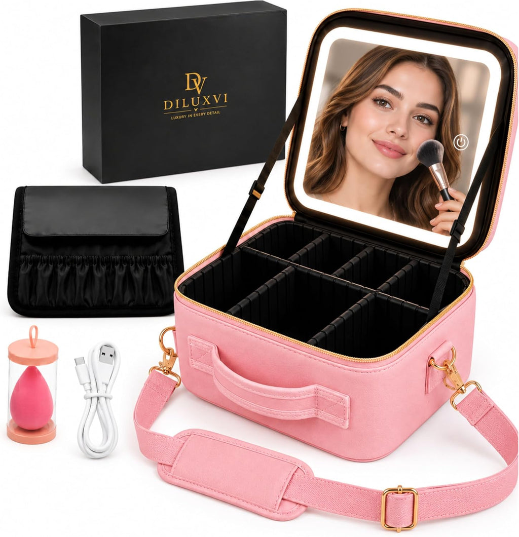 Makeup Train Case with LED Mirror, Travel Vanity Case, Rechargeable Lighted Mirror, Adjustable Dividers, Brush