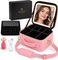 Makeup Train Case with LED Mirror, Travel Vanity Case, Rechargeable Lighted Mirror, Adjustable Dividers, Brush