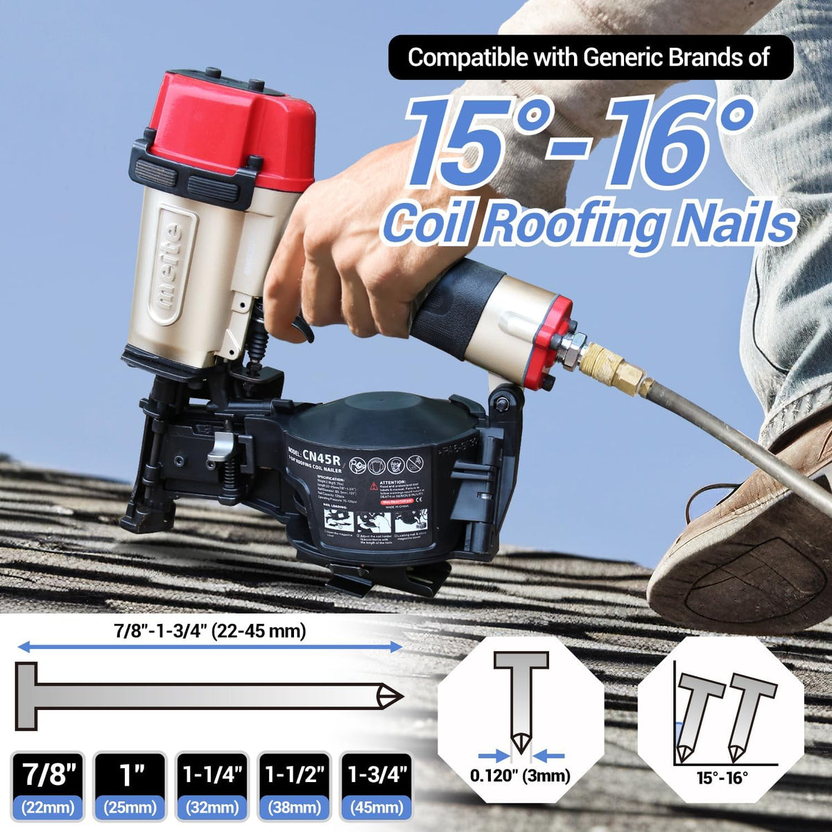 CN45R Roofing Nailer, Drives 15 Degree 7/8" to 1-3/4" Coil Roof Nails