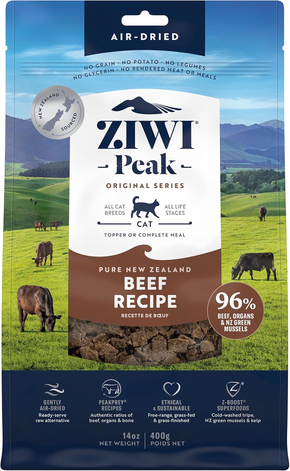 Peak Air-Dried Cat Food, Beef, 96% Meat & Organs, Grain-Free, 14 oz