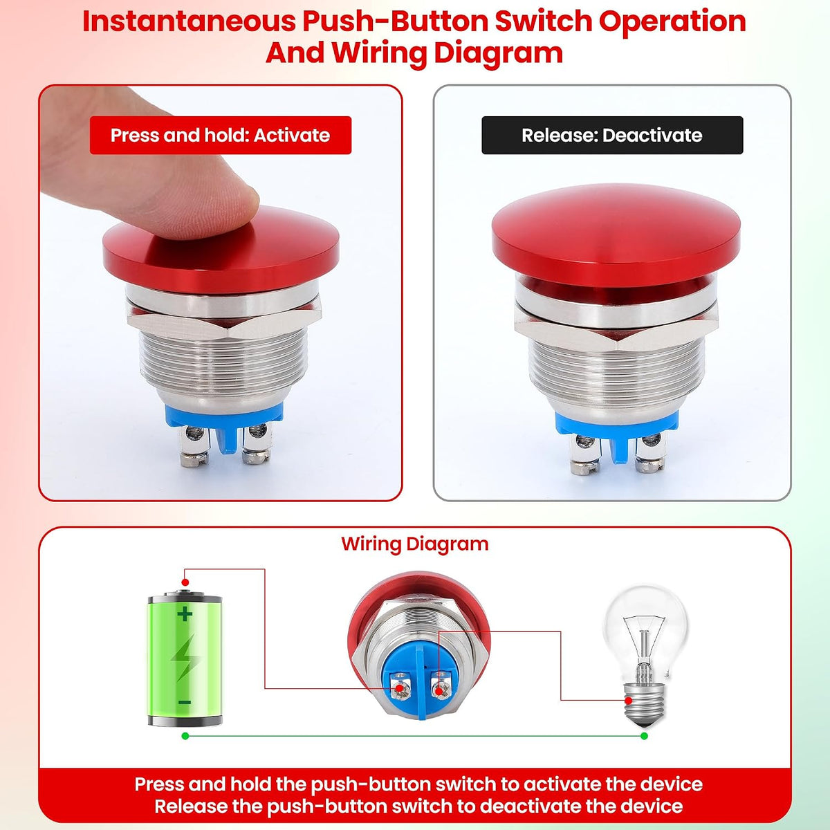 22mm Mushroom Head Momentary Push Button Switch, IP65 Waterproof