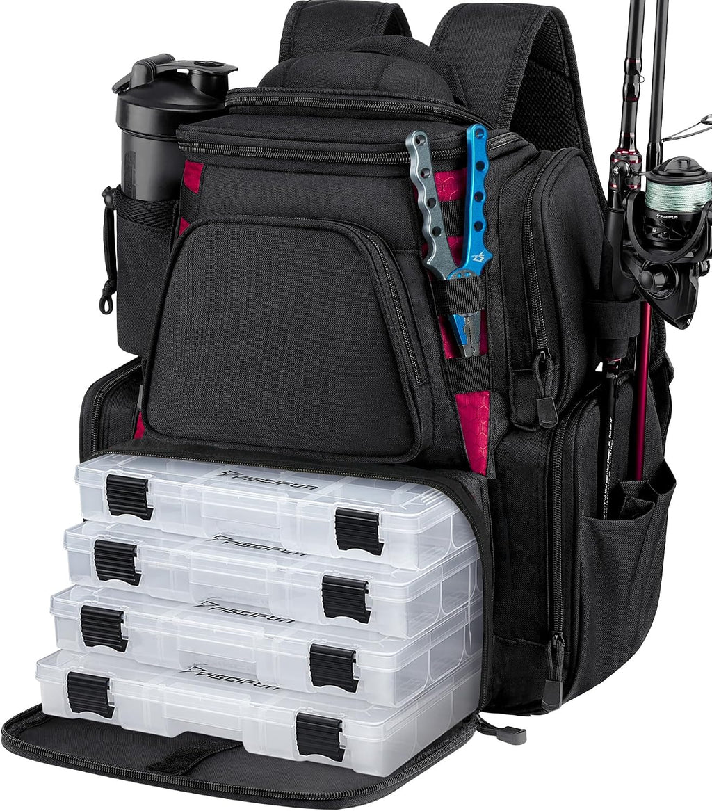 Fishing Backpack with 2 Rod Holders & 4 Tackle Boxes, Large Tackle Storage Bag With Rain Cover for Fishing Gear